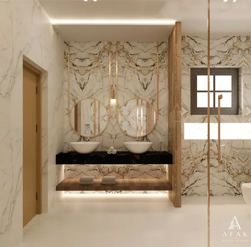 Marble and Timber Bathroom — architectural visualization